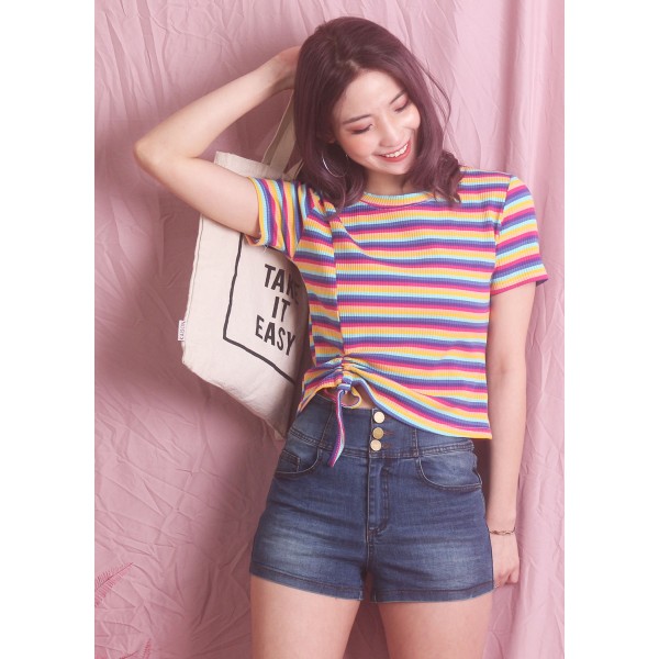 High Rise Three Button Denim Shorts